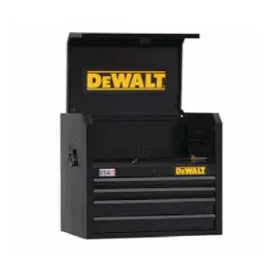 Black metal tool chest with multiple drawers and an open top compartment featuring a yellow and black logo, designed for organizing tools in home improvement tasks.