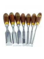 Set of seven wood chisels with polished steel blades and wooden handles arranged in a row for woodworking and home improvement tasks.