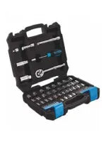 Compact black carrying case open to reveal a set of various metal socket wrenches and attachments organized for home improvement and repair tasks.