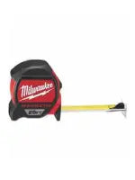 Compact red and black measuring tape with extended yellow blade and metal hook, used for precise measurements in home improvement tasks.