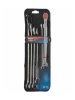 Set of five long-handled combination wrenches with polished chrome finish arranged in a black and blue hanging display, suitable for home improvement tasks.