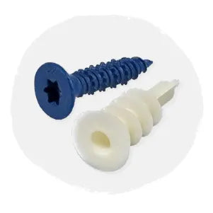 Two wall anchors, one blue metal screw with a star-shaped head and one white plastic expandable anchor, shown on a white background.