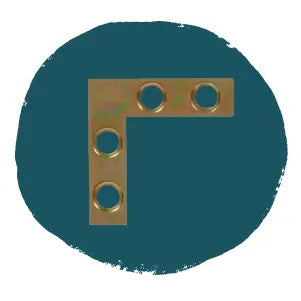 Brass L-shaped corner bracket with four evenly spaced holes shown against a textured dark teal circular background