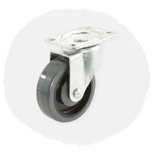 Single black caster wheel with a metal swivel mounting plate shown against a soft gray circular background
