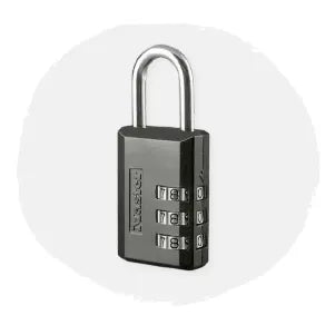 Black combination padlock with three rotating dials for code entry, featuring a silver shackle and a rectangular body against a light circular background.