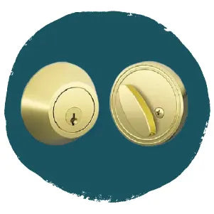 Close-up of a brass deadbolt lock set with keyhole on one side and thumb turn on the other, displayed on a teal circular background.