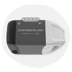 Modern garage door opener unit with a compact design in gray and white, featuring ventilation slots and branding on the front.