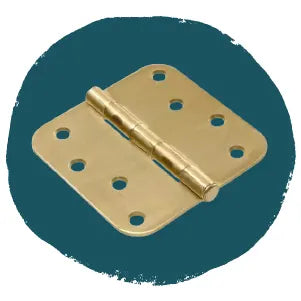 Polished brass door hinge with rounded corners and multiple screw holes displayed on a dark teal circular background.
