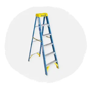 Six-step folding ladder with blue side rails and yellow top platform, shown against a light circular background for easy viewing.