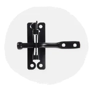 Black metal slide bolt latch with mounting holes, designed for securing doors or gates, shown against a light circular background.
