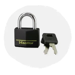 Black rectangular padlock with silver shackle engraved with brand name, accompanied by two flat keys against a light circular background