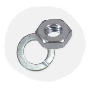 Hexagonal metal nut positioned on top of a round flat washer, both made of shiny steel, shown against a plain white background.