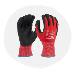 Pair of red and black protective work gloves with textured grip on palms and fingers, displayed on a light neutral background.
