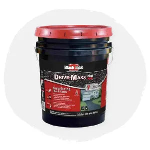 Black bucket with red lid labeled for driveway resurfacing, featuring product details and usage instructions on the front.
