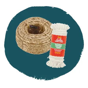 Coiled natural fiber rope alongside a neatly bundled white cotton rope, displayed on a solid dark teal background for home improvement use.