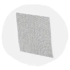 Square section of fine metal mesh screen with a slightly curved surface displayed on a plain light background.