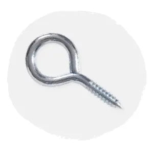 Single shiny metal screw eye with a threaded shaft on a plain light background, suitable for home improvement and hardware uses.