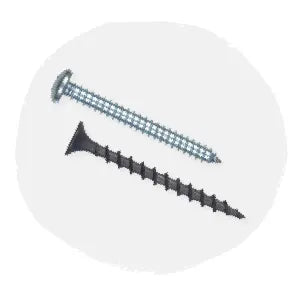 Two different screws, one silver with a round head and one black with a flat countersunk head, displayed on a light gray background for home improvement.