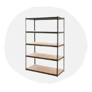 Black metal shelving unit with five wooden shelves supported by vertical perforated steel posts displayed on a light neutral background.
