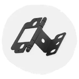 Black metal door hinge with multiple mounting holes and a central pivot, shown against a neutral background.