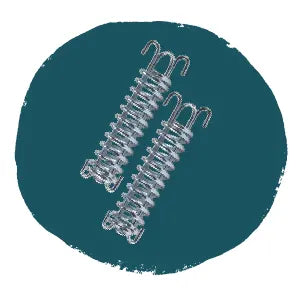 Two metal extension springs with hooked ends displayed on a solid dark teal circular background, suitable for home improvement or tools.