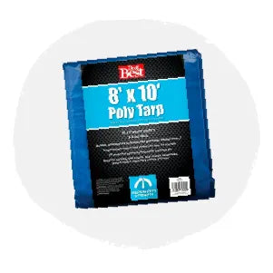 Square package of an 8 by 10-foot blue poly tarp with a black and white label, appearing as a compact folded bundle for home improvement use.