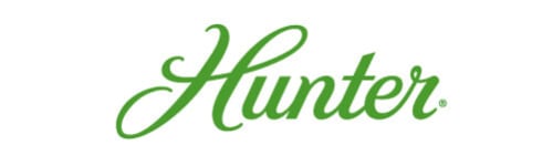 Green cursive script spelling the word Hunter on a white background, representing a well-known brand logo.