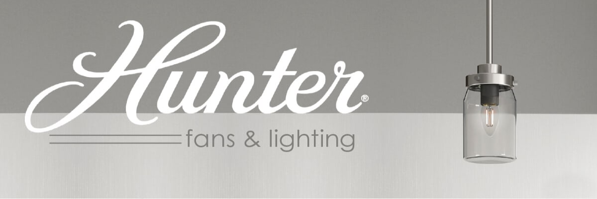 Minimalist indoor pendant light with a clear cylindrical glass shade and exposed bulb hanging beside a white wall featuring the Hunter fans and lighting logo.