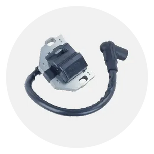 Compact ignition coil with black plastic housing and attached spark plug wire designed for home improvement tools and small engines.