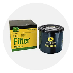 Cylindrical black metal oil filter with yellow John Deere logo and model number next to a matching yellow and black branded box on a white background.