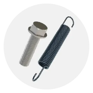 Metal hex bolt alongside a coiled tension spring with hooks on both ends, displayed against a white background.