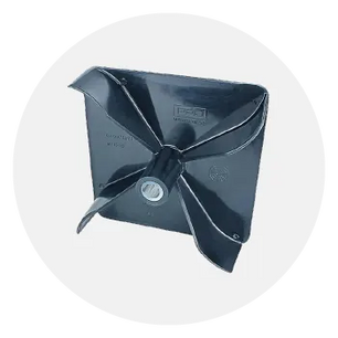 Black square-shaped metal cutting blade with four curved edges and central mounting hole, used in outdoor power equipment.