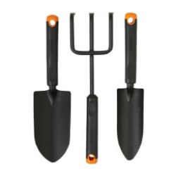 Set of three black gardening hand tools including a trowel, transplanting trowel, and hand cultivator with orange-accented handles for home improvement tasks.
