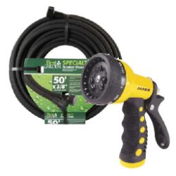 Coiled black garden hose with a yellow and black multi-pattern spray nozzle, designed for watering plants and outdoor cleaning.