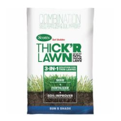 Bag of Scotts Thick'R Lawn 3-in-1 with grass seed, fertilizer, and soil improver for sun and shade lawns on a white background.
