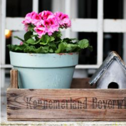 Light blue ceramic flowerpot holding pink geraniums, placed inside a rustic wooden crate next to a small, weathered, silver birdhouse.
