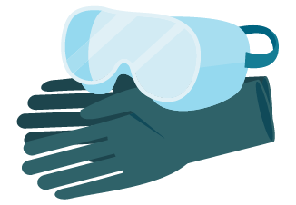 Illustration of light blue protective safety goggles positioned above a pair of dark gloves, representing essential personal protective equipment for home improvement and tool use.
