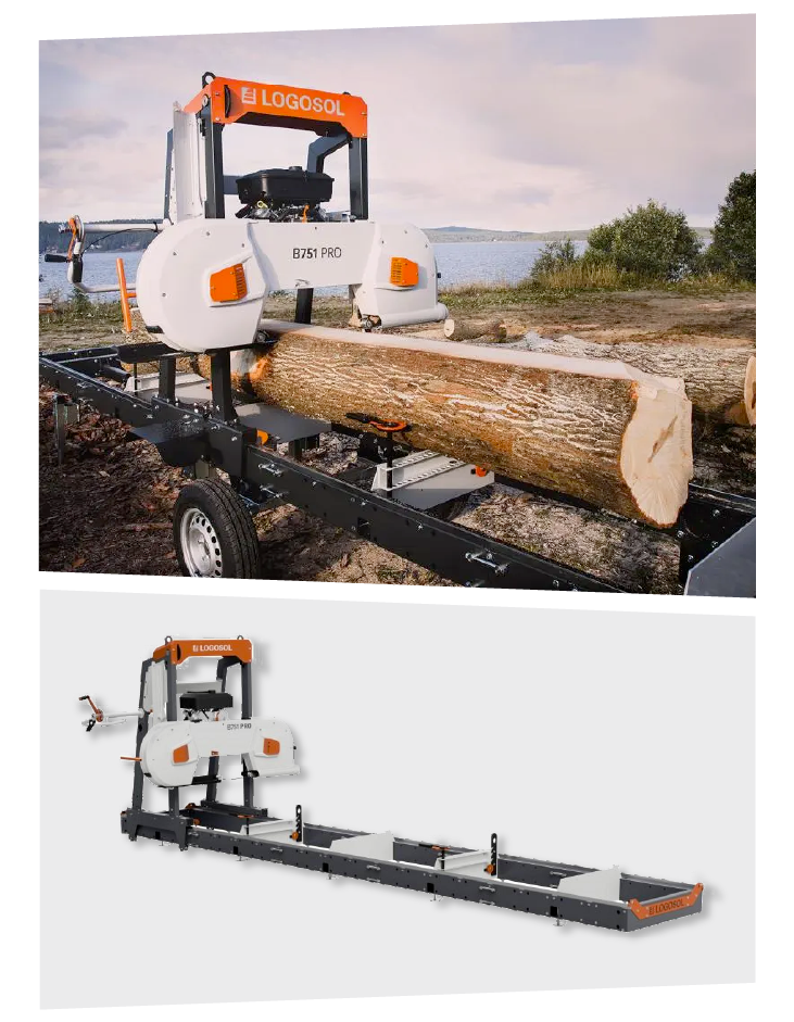 Two images showing a large portable band sawmill with an orange and white frame cutting a thick tree log outdoors by a lakeside, and a standalone view of the same sawmill on a plain background.