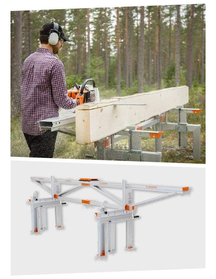 Person wearing hearing protection and a plaid shirt using a chainsaw mill to cut a large wooden log outdoors in a forest setting, with an isolated image of the mill’s metal frame and stand below.