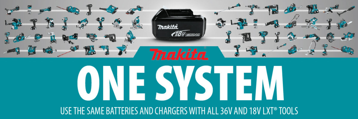 Illustration displaying a wide range of teal cordless power tools arranged above bold text promoting a unified battery system for home improvement tasks.