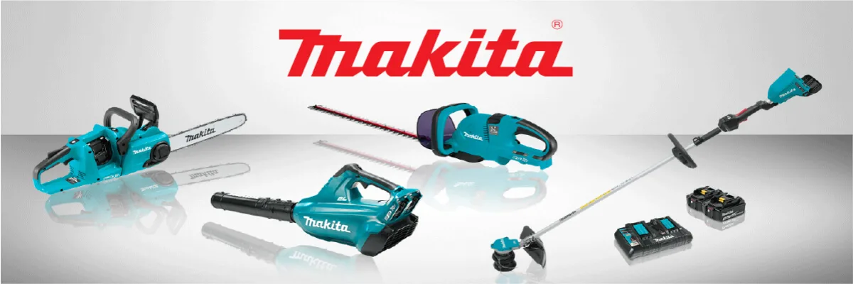 Selection of teal and black cordless outdoor and garden tools including a chainsaw, blower, hedge trimmer, string trimmer, two batteries, and a charger displayed under a red brand logo on a light background.