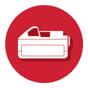 White silhouette of a rectangular power tool battery with subtle shadow, centered on a solid red circular background representing tool accessories.