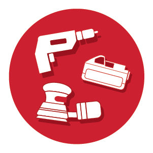 White simplified icons of a drill, a tool case, and a hand sander arranged inside a solid red circle, representing home improvement tools.