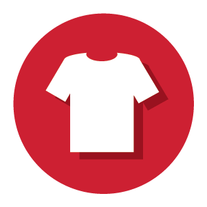 Simple white T-shirt icon centered on a solid red circular background with a slight shadow effect.