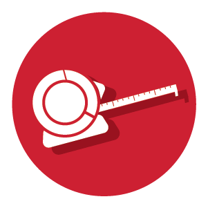 White silhouette of a retractable tape measure partially extended, positioned on a solid red circular background symbolizing measuring tools for home improvement.