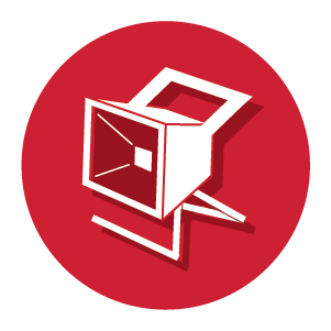 White stylized floodlight icon with shadow effect centered on a solid red circular background, representing lighting equipment.