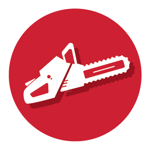 White silhouette of a chainsaw with a subtle shadow, centered on a solid red circular background representing outdoor power tools for home improvement.