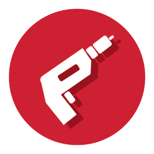 White silhouette of a power drill icon with a shadow effect, centered on a solid red circular background representing tools for home improvement.