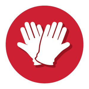 White silhouette of a pair of protective work gloves with subtle shadowing centered on a solid red circular background representing safety gear for home improvement.