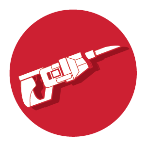 White silhouette of a reciprocating saw angled upwards to the right, set against a solid red circular background representing power tools for home improvement.
